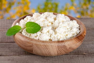 Cottage cheese in a wooden bowl on board with blurred garden background
