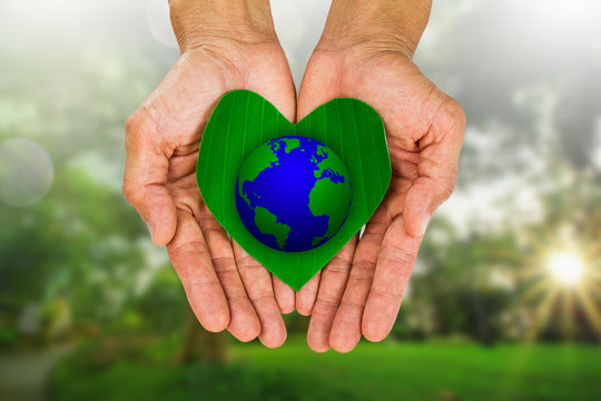 Man's hands holding heart shaped green leaf with earth on blurred nature background, environment concept