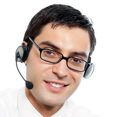 Customer support phone operator in headset, isolated