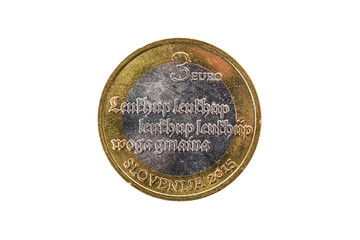 Used commemorative anniversary bimetal 3 euro Slovenia coin 2015.