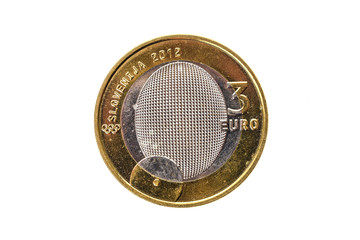 Used commemorative anniversary bimetal 3 euro Slovenia coin 2012.