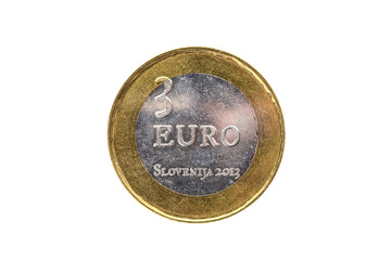 Used commemorative anniversary bimetal 3 euro Slovenia coin 2013.
