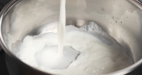 shot of pouring milk into saucepan, 4k photo
