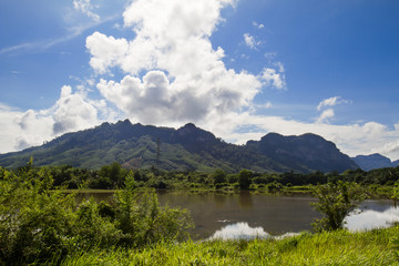 Meadow,lake,mountains on cloudy blue sky background in Phangnga province,South of Thailand