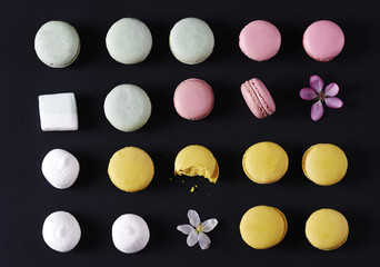 Colorful macaroons marshmallows with flowers