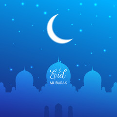 Obraz na płótnie Canvas Eid Mubarak. Illustration with mosque, glowing moon and stars