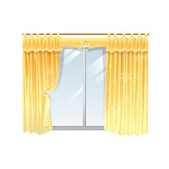 Vector illustration of windows with yellow curtain on a white background.