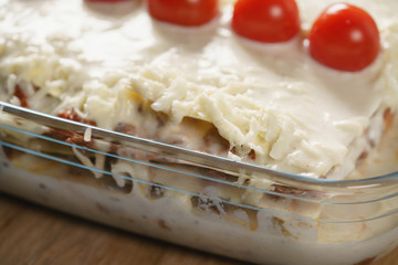 ready for baking lasagna on home kitchen for family dinner, shallow focus