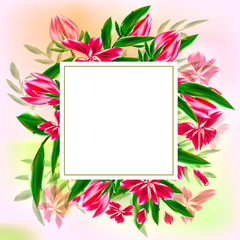 Fototapeta na wymiar поздравительная открытка на фоне букета цветов 