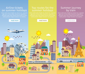Summer travel banners in flat style. Decorative vertical templates set in flat style. Traveling in time of vacation by plane, bus and train. Travel to Britain, Italy and France. Vector illustration