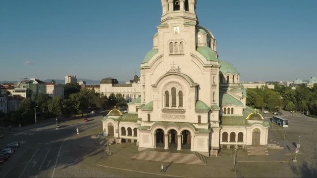  Sofia Bulgaria. Aerial footage of cathedral St. Alexander Nevsky . The largest church in the Balkans designed by Russian architect prof. Pomerantzev Alexander.