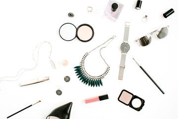 Beauty blog concept. Female make up accessories: watches, necklace, lipstick, shoes, sunglasses on white background. Flat lay, top view trendy fashion feminine background.