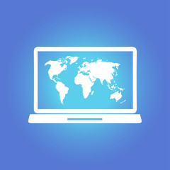 Laptop and world map illustration. World map geography symbol.  Flat design style. 