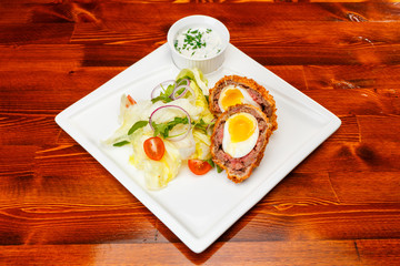 English food, Scotch eggs served with lettuce