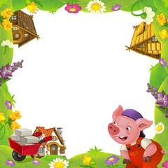 cartoon nature floral frame little pig on the meadow and little farm house in the background with space for text