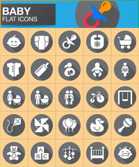 Baby, children flat icons set. Round symbol collection, circular vector sign pack with long shadow effect. Flat style design. Set includes icons as baby face, pacifier, nappy, family, father, mother