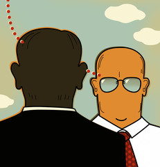 Two men in business suits and ties are thinking about business against the blue sky and clouds. Brainstorming, business situation