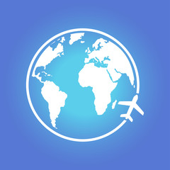Airplane icon travel. Trip round the world. Flat design style.