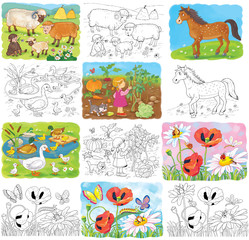 At the farm. Set of illustrations for children. Coloring page. Cute and funny cartoon characters