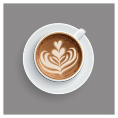 Cappuccino cup with hearts design on top. Coffee cup, vector illustration.