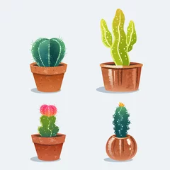 Selbstklebende Fototapete Kaktus im Topf Satz von vier Kaktus im Blumentopf. Heimische Pflanzen. Vektorillustration