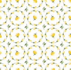 Floral pattern, yellow buds and flowers, seamless white background, vector. Yellow flowers on a white field. Colored, flat background. The floral decoration. Circles of flowers. 