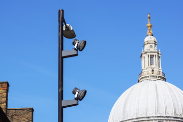 urban Pillar spotlights high on the blue sky at London city