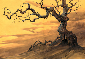 Halloween illustration of a big fantasy old crooked tree