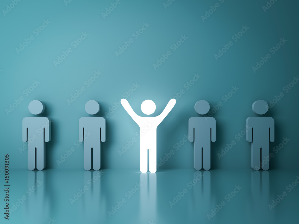 Poster Stand out from the crowd and different creative idea concepts , One glowing light man standing with arms wide open among other people on green background with reflections and shadows . 3D rendering.