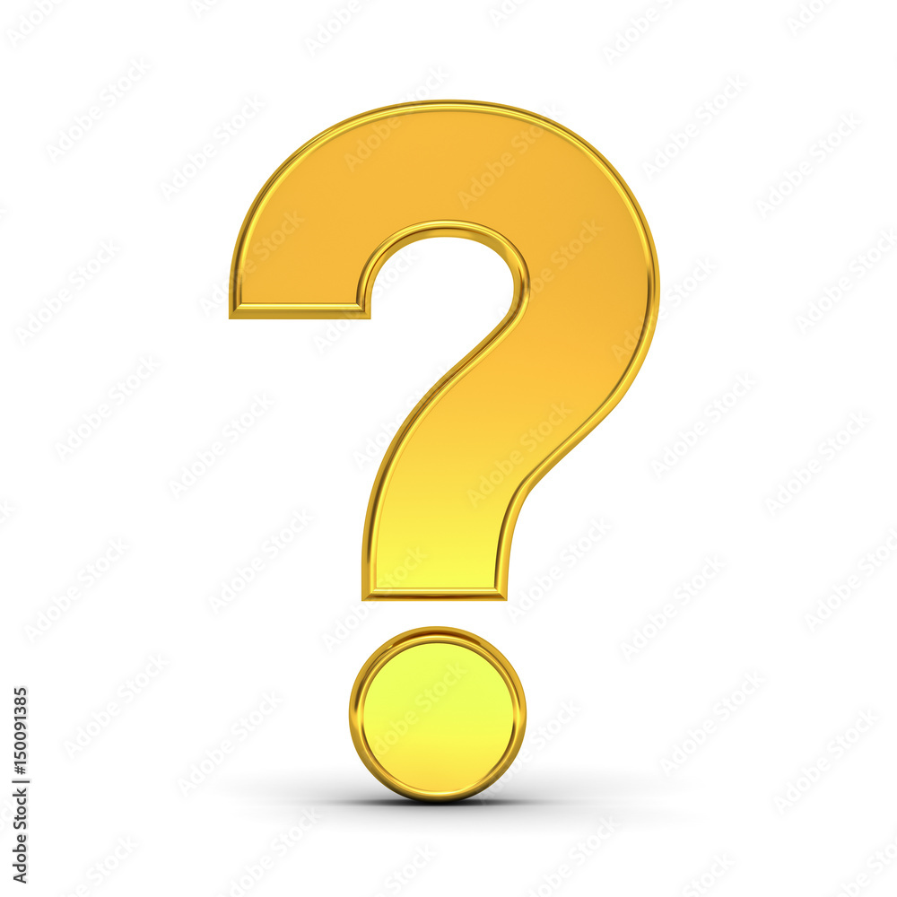 Poster gold question mark isolated over white background with shadow. 3d rendering.