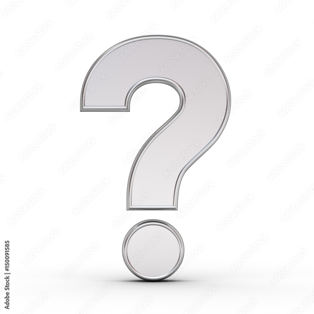 Poster metallic question mark isolated over white background with reflection and shadow. 3d rendering.