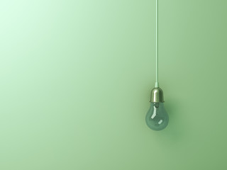 One hanging turn off incandescent light bulb on green wall background with blank space , creative idea concept. 3D rendering.