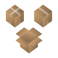set of cardboard boxes: open and taped with duct tape