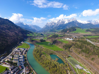 Aerial view of mountain river and road in Austria