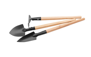 Shovel and rake for transplanting plants.