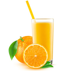 Isolated drink. Slices of orange fruit and glass of juice isolated on white with clipping path