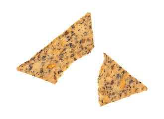 Beans and rice chip broken on a white background.