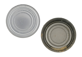 Empty tuna can with lid to the side isolated on a white background.