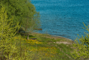 Beautiful scenery of the Gulf of the Dnieper River. Blue water. Spring. View from the mountain.