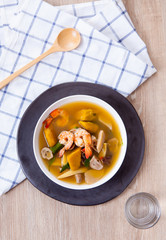 Thai Spicy Mixed Vegetable Soup with Prawns, Kang Liang Goong Sod, Traditional Thai food, selective focus