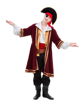 man wearing a pirate costume posing with holding gesture, isolated on white
