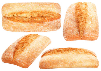 Set of freshly baked loafs of traditional italian bread ciabatta isolated on white background.