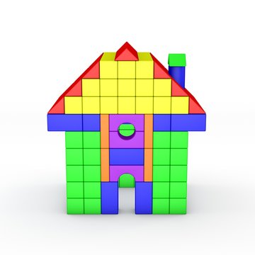 House from toy building blocks. 3D rendering illustration. Front view.