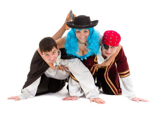 Obraz premium dancer team wearing Halloween carnival costumes dancing against isolated white in full body