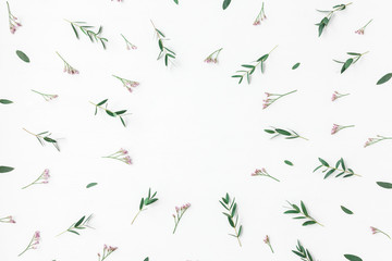 Flowers composition. Frame made of pink flowers and eucalyptus branches on white background. Flat lay, top view
