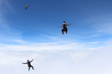 Fototapeta na wymiar Cool skydivers in the sky
