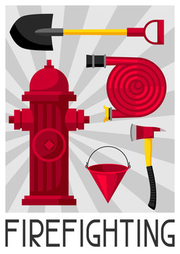 Poster with firefighting items. Fire safety equipment