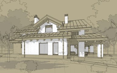 3D render sketch of modern cozy house in chalet style