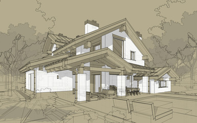 3D render sketch of modern cozy house in chalet style