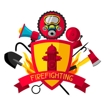 Badge with firefighting items. Fire protection equipment